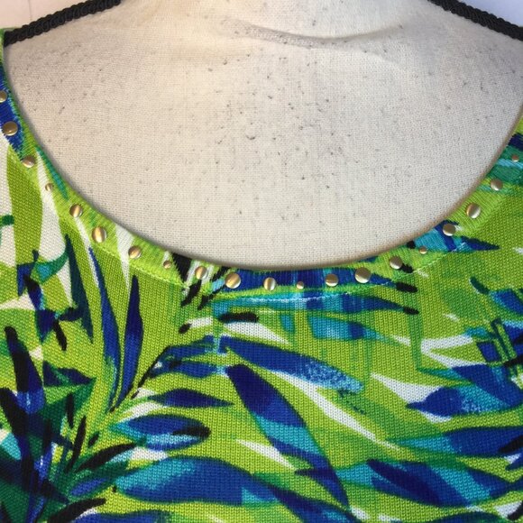 Cache Knit Top Sweater Sz XS Womans Green Blue Floral Knit Studded Short Sleeve - Picture 13 of 13